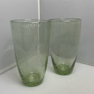 Pair Hand Blown‎ Light Green Bubble Glass Drinking Glasses for Tea or Water EUC